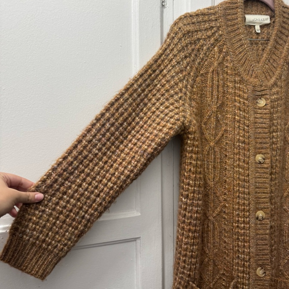 THE GREAT The Long Cable Cardigan in Caramel - Picture 4 of 11